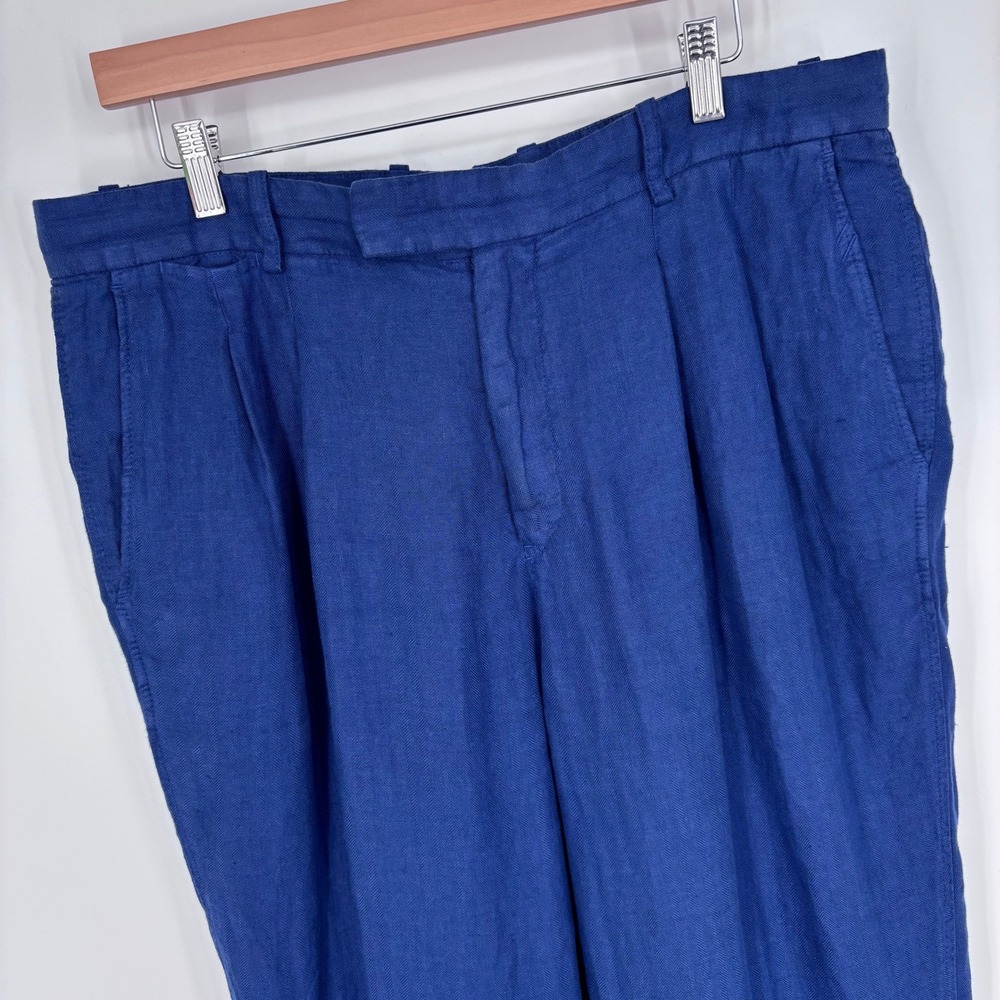 Billy Reid 100% Italian Linen Herringbone Pleated Trousers Mens 34x29 Blue Pants